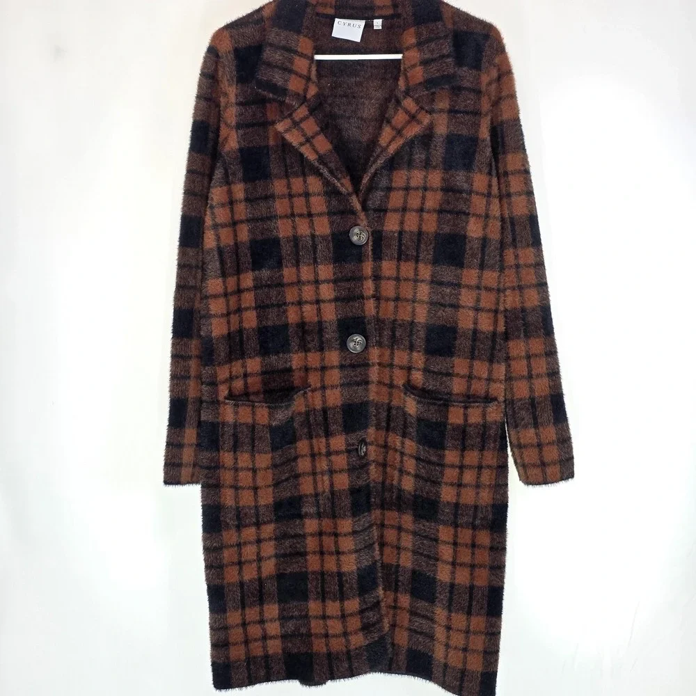 Cyrus Coatigan Womens Large Brown Plaid Knit Long Button Front Classic Cozy Soft